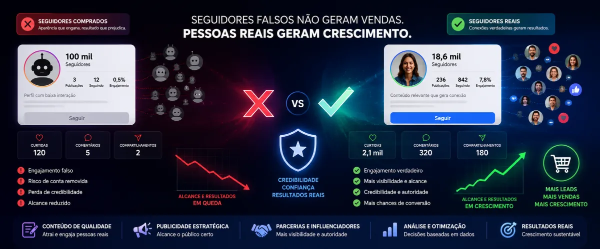 Banner ilustrativo comparando seguidores comprados e seguidores reais nas redes sociais. &Agrave; esquerda, um perfil com seguidores falsos apresenta baixo engajamento, queda nos resultados e perda de credibilidade. &Agrave; direita, um perfil com seguidores reais mostra alto engajamento, crescimento org&acirc;nico, aumento das vendas e fortalecimento da marca.