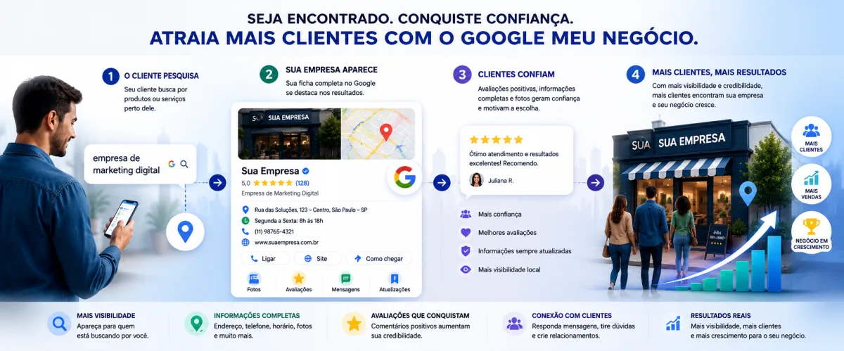 anner ilustrativo mostrando como o Google Meu Neg&oacute;cio ajuda empresas a atrair mais clientes. A imagem apresenta a jornada desde uma pesquisa no Google, passando pela exibi&ccedil;&atilde;o da ficha da empresa com avalia&ccedil;&otilde;es, localiza&ccedil;&atilde;o, telefone e hor&aacute;rio de funcionamento, at&eacute; a conquista de novos clientes e o crescimento do neg&oacute;cio.