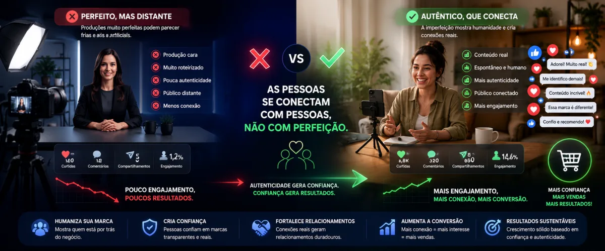 Banner ilustrativo comparando dois estilos de marketing digital. &Agrave; esquerda, uma produ&ccedil;&atilde;o altamente profissional e excessivamente polida apresenta baixo engajamento e pouca conex&atilde;o com o p&uacute;blico. &Agrave; direita, uma pessoa gravando um v&iacute;deo espont&acirc;neo com o celular gera mais intera&ccedil;&atilde;o, confian&ccedil;a, engajamento e convers&otilde;es, destacando que a autenticidade aproxima as marcas das pessoas.