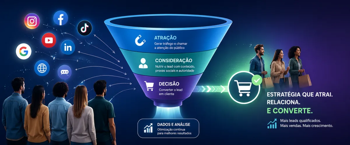 Ilustra&ccedil;&atilde;o de um funil de vendas nas redes sociais mostrando a jornada do cliente desde a atra&ccedil;&atilde;o por redes sociais at&eacute; a convers&atilde;o em clientes, destacando as etapas de atra&ccedil;&atilde;o, considera&ccedil;&atilde;o e decis&atilde;o.