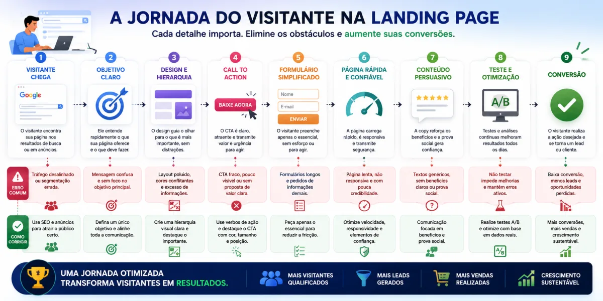 Jornada do visitante em uma landing page: etapas para aumentar conversões Banner ilustrativo mostrando a jornada do visitante em uma landing page, desde a chegada ao site até a conversão. A imagem apresenta as principais etapas para aumentar a taxa de conversão, como objetivo claro, hierarquia visual, call to action destacado, formulário simplificado, página rápida, conteúdo persuasivo e testes A/B, indicando como cada elemento contribui para gerar mais leads, vendas e crescimento sustentável.
