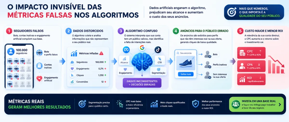 Banner ilustrativo mostrando como seguidores falsos e m&eacute;tricas artificiais podem prejudicar o desempenho dos an&uacute;ncios. A imagem apresenta o fluxo desde bots e contas inativas, passando por dados distorcidos e decis&otilde;es equivocadas do algoritmo, at&eacute; an&uacute;ncios direcionados ao p&uacute;blico errado, aumento do CPC e CPA e redu&ccedil;&atilde;o do ROI.